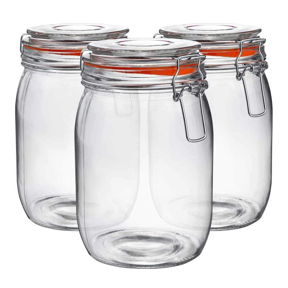 image 1 of 1L Pack of 3 Canisters Glass Storage Jars with Airtight Silicone Seal Metal Clip Top Lids