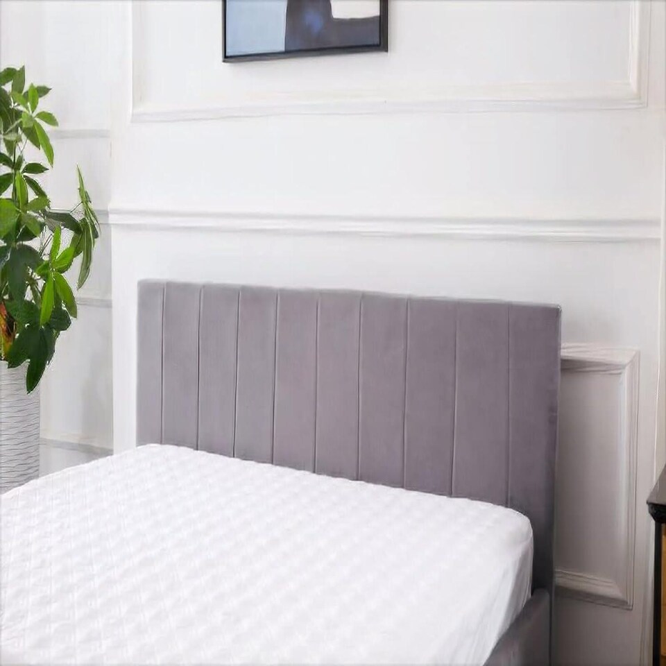 image 1 of Ottoman Storage Bed grey 3ft single and 1 mattress line pattern fabric velvet bedroom furniture