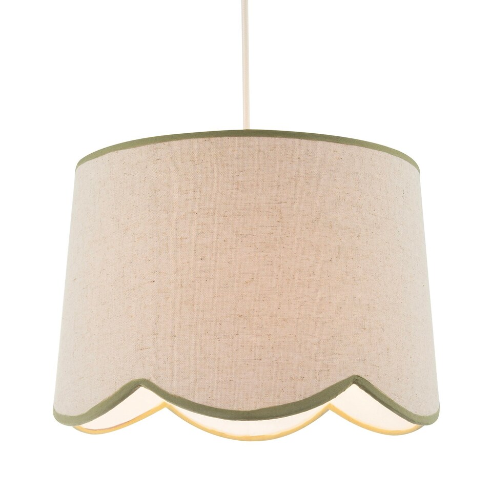 image 1 of Natural Oatmeal Textured Linen Scallop Lamp Shade with Olive Trims Green
