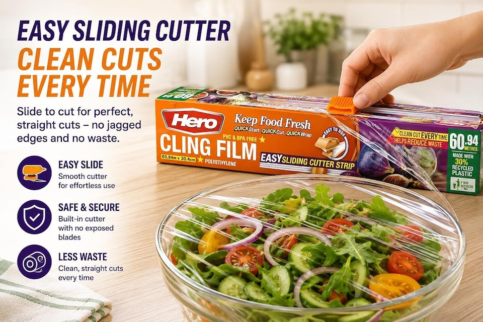 image 1 of Hero Cling Film 60m x 30cm with Easy Sliding Cutter – Kitchen & Catering Cling Film Dispenser | PVC & BPA Free Food Wrap