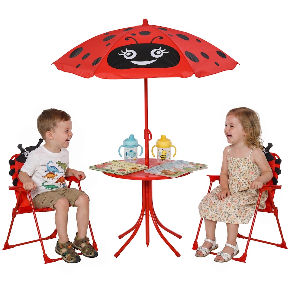 image 1 of Outsunny Kids Folding Picnic Table Chair Set Ladybug Pattern Outdoor w/ Parasol | Red | Red