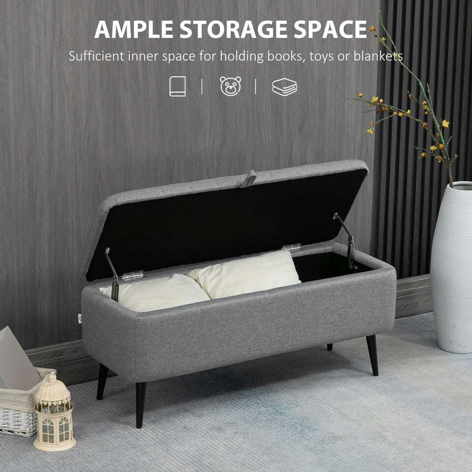 image 1 of HOMCOM Storage Ottoman Bench, Linen Fabric Footstool with Steel Legs Grey