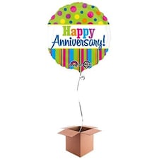 Happy Anniversary Stripes And Dots Round Foil Balloon - Inflated Balloon in a Box