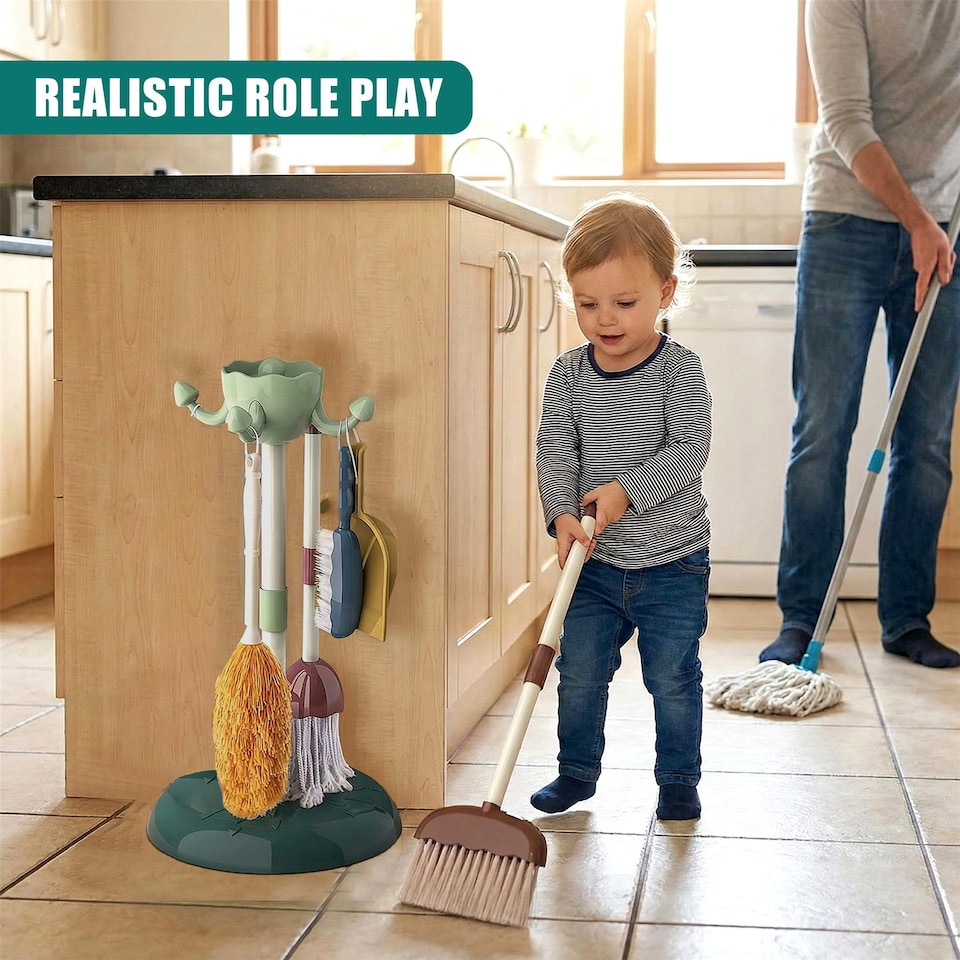 image 1 of The Magic Toy Shop Kids Cleaning Set 6 Pcs Broom Mop Duster Kit Pretend Play Toys