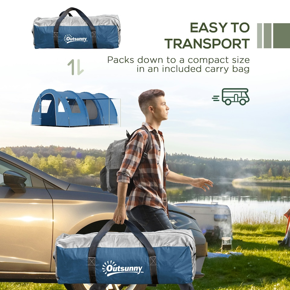 image 1 of Outsunny 5-6 Man Family Tent Camping Tent with 2 Room and Carry Bag, Blue