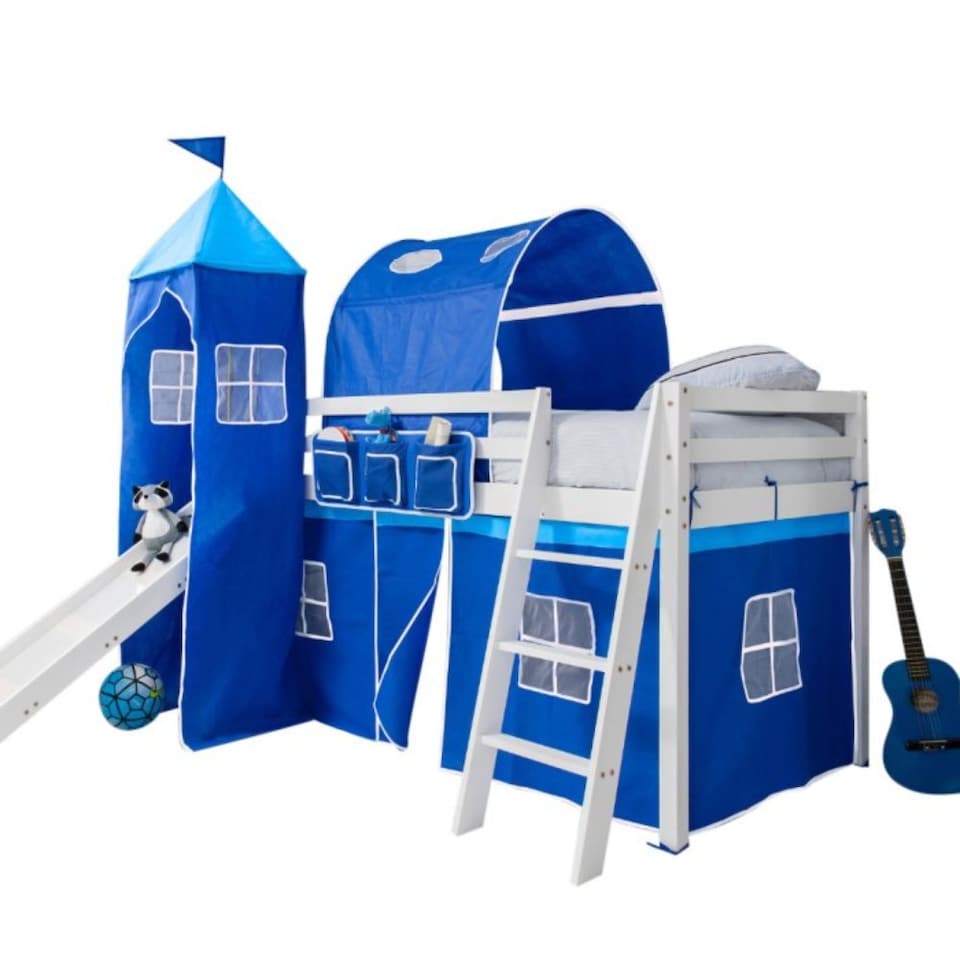 image 1 of Moro Cabin Bed with Slide and Brilliant Blue Cotton Tent, Tower & Tunnel in White