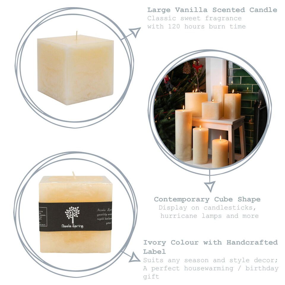 image 1 of Nicola Spring Square Vanilla Pillar Candle - 120 Hours - Cream | Cream | Beige
