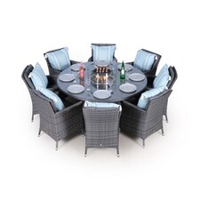 Savannah Fire Pit 8 Seater Round Rattan Dining Set | Grey | Grey