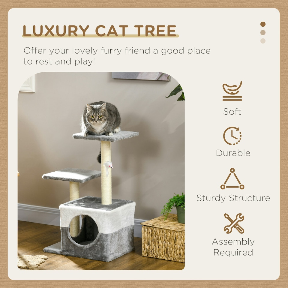 image 1 of PawHut Cat Tree Tower Kitten House Scratching Post with Mouse Toy Grey