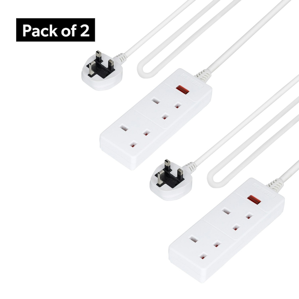GEEPAS 2 Gang Extension Lead, 2M Cable | White Pack of 2