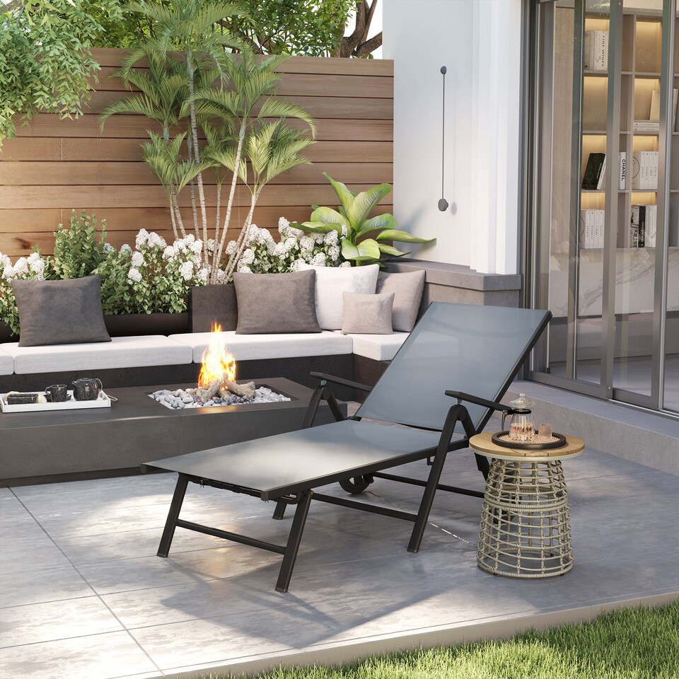 image 1 of Outsunny Folding Sun Lounger with Wheels, 5-Position Reclining Garden Lounger with Armrests, Metal Frame Portable Outdoor Reclining Chair Sunbed for Beach, Porch, Grey | Grey | Grey