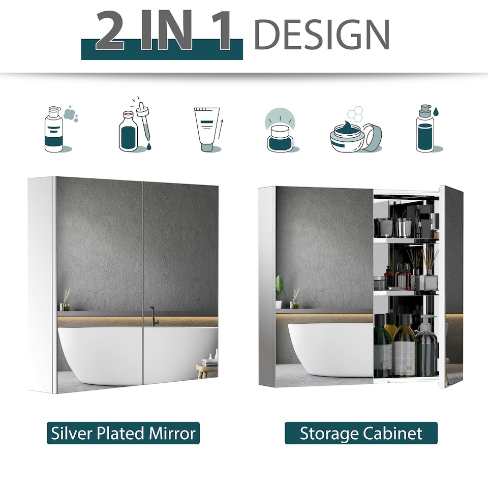 image 1 of HOMCOM Bathroom Cabinet Double Door Wall Mounted Mirror Stainless Steel