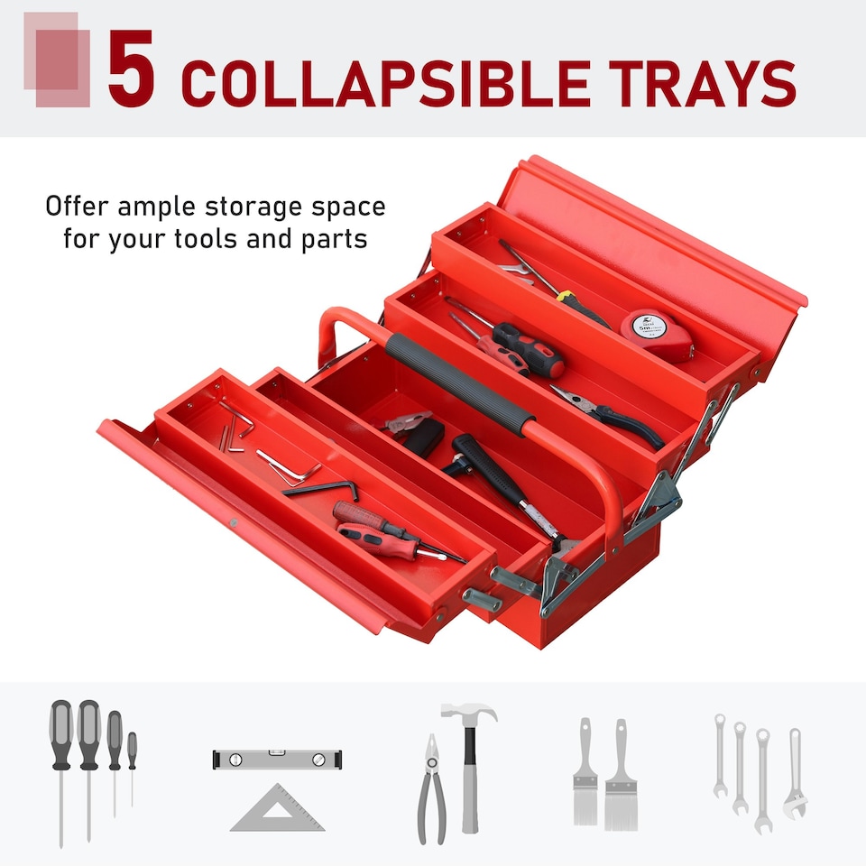 image 1 of DURHAND 3 Tier Metal Toolbox with 5 Tray Carry Handle 45cmx20cmx34.5cm Red Red