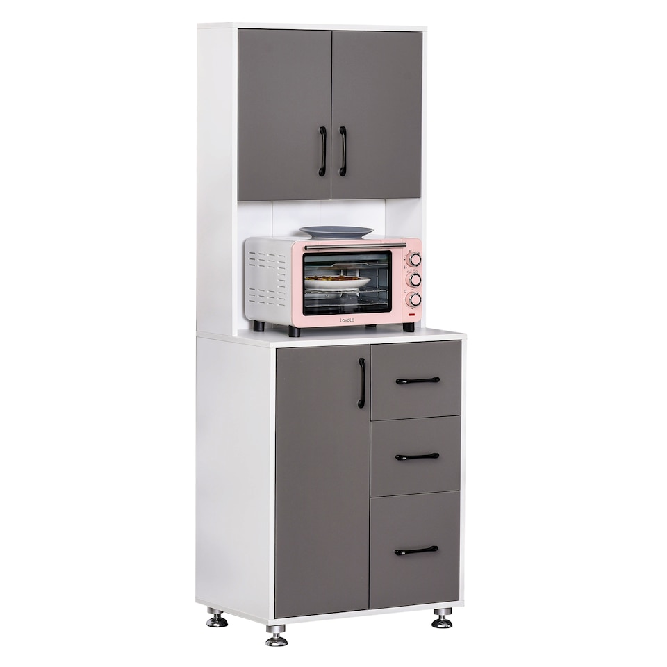 image 1 of HOMCOM Modern Kitchen Cupboard with Storage Cabinets, 3 Drawers and Open Countertop for Living Room, Grey