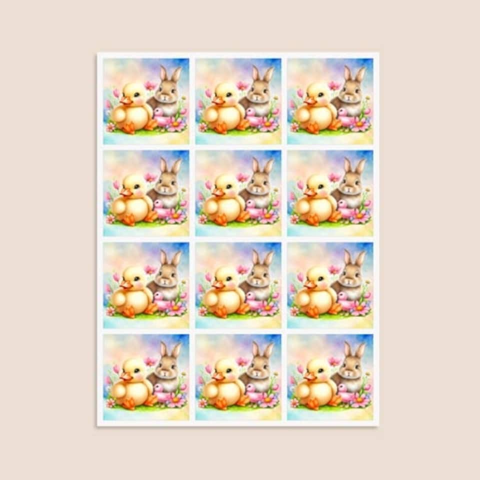 image 1 of Easter Bunny and Chick Square Stickers 65mm - Sheet of 12