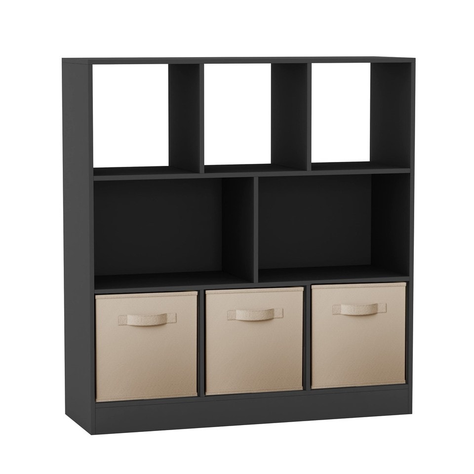 Asymmetrical 8 Black Cube Bookcase Shelf Storage Unit with 3 Fabric Drawer Inserts Multi Black & Beige Drawer 1