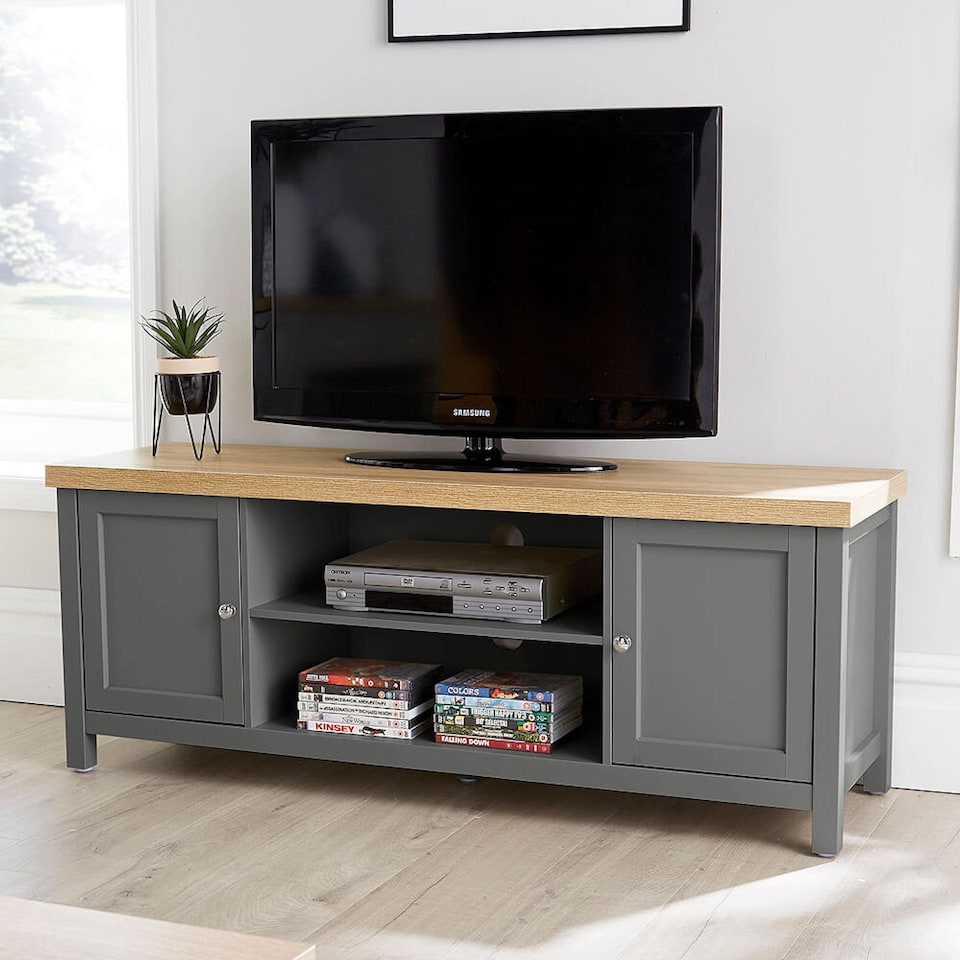 image 1 of TV Stand 2 Door Cabinet Television Unit Shelf Cable Tidy 36mm Oak Top