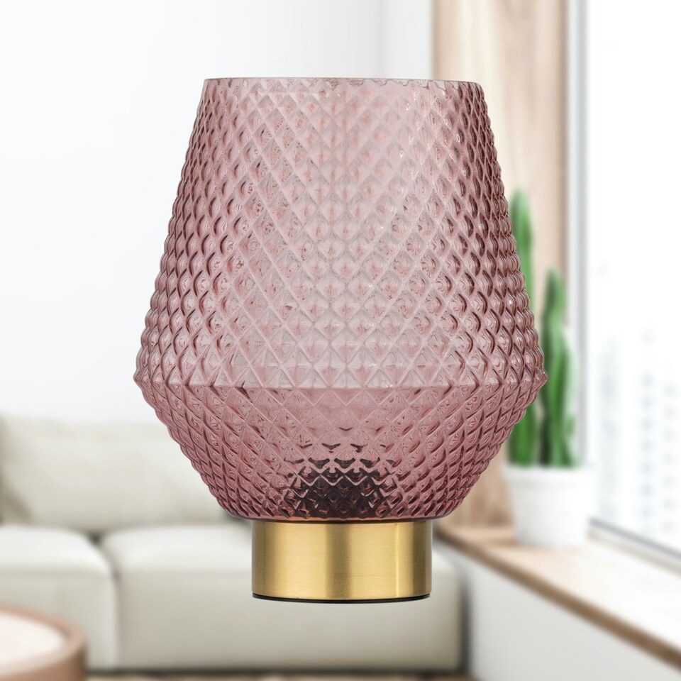 image 1 of Porter - Battery Operated Satin Brass Lamp with Pink Textured Glass Bronze | Pink