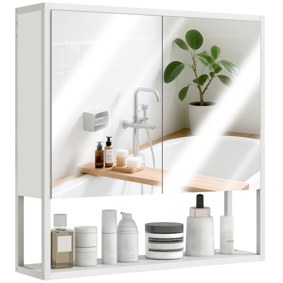 image 1 of HOMCOM Bathroom Mirror Cabinet Wall Mounted with Soft-Close Doors and Adjustable Shelf, Industrial Bathroom Wall Cabinet with Open Storage, 60 x 16 x 60 cm, White | White | White