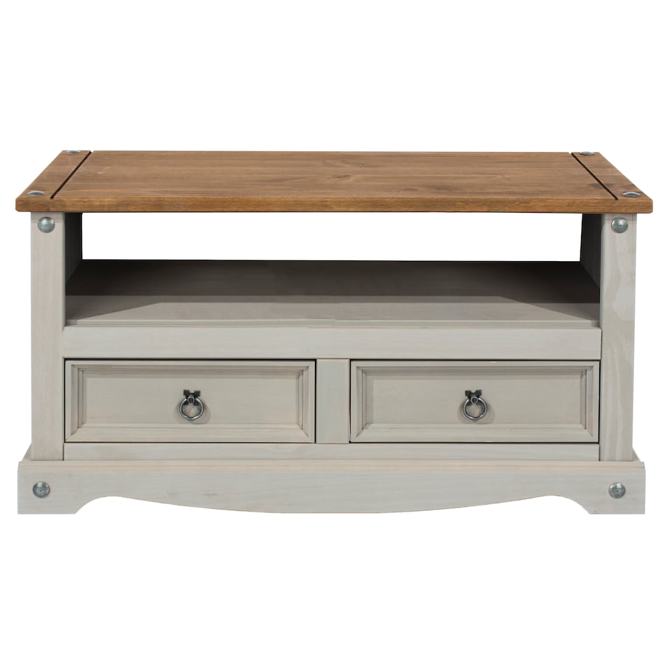 image 1 of Corona Flat Screen TV Unit - Antique Waxed Pine Media Cabinet with Drawers, Shelf, and Traditional Mexican Design | Grey | Grey | 1