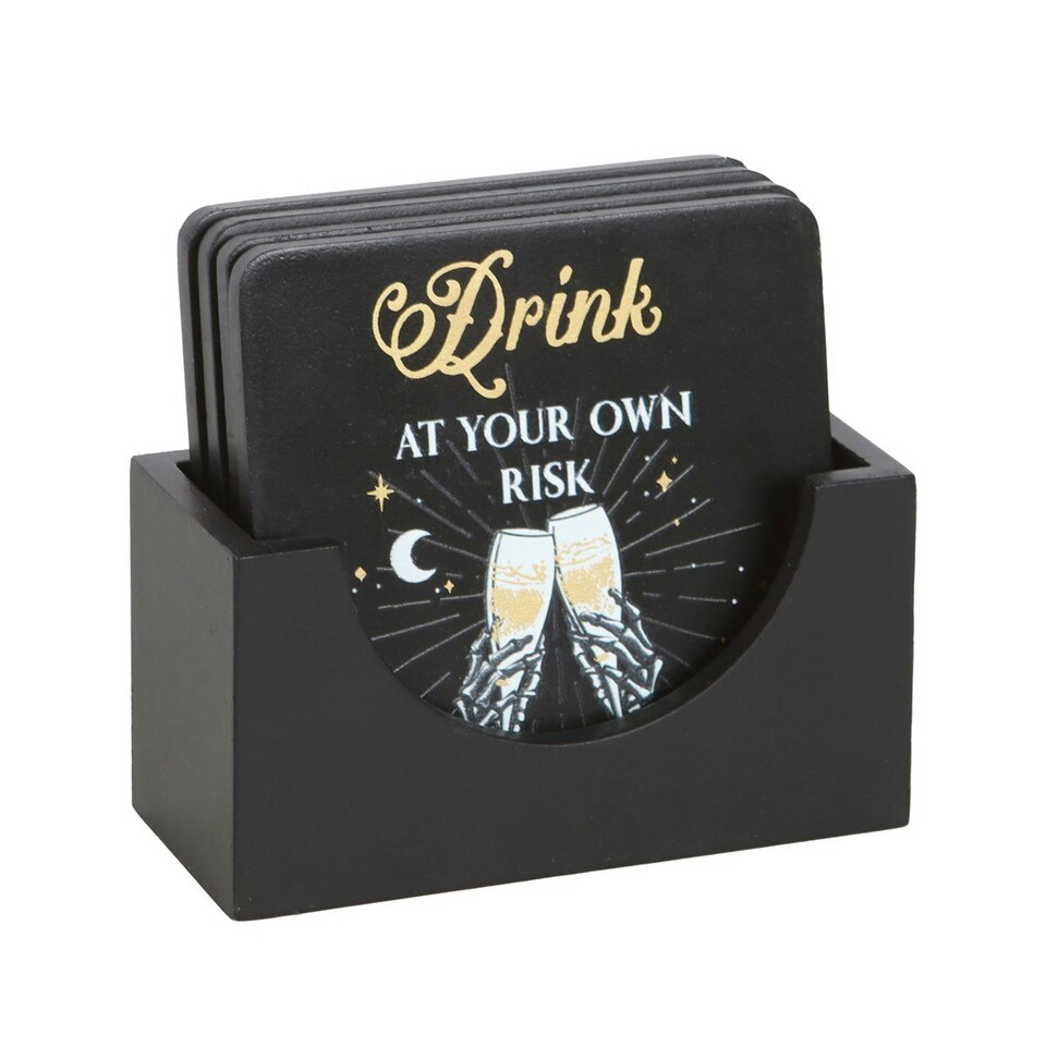 image 1 of Set of 4 Skeleton Party Coasters & Holder