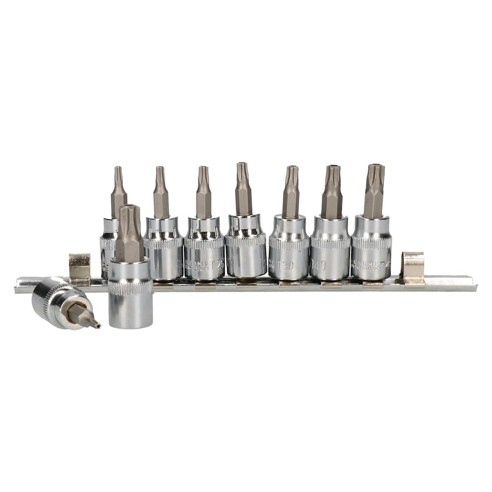image 1 of 5 Sided Torx Plus Security Bit Sockets TPS10 - TPS50 3/8" Drive 9pc Set On Rail