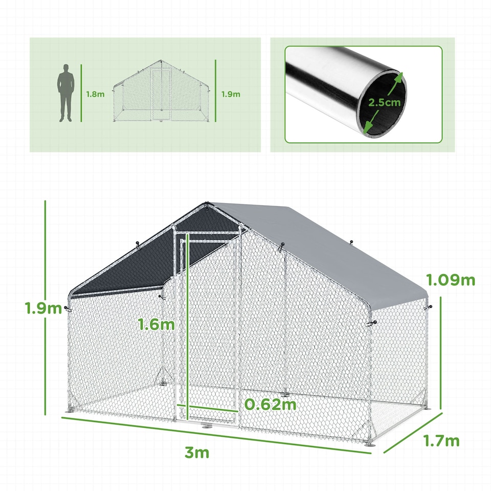 image 1 of PawHut Walk In Chicken Run Large Galvanised Chicken Coop w/ Cover 3 x 1.7 x 1.9m