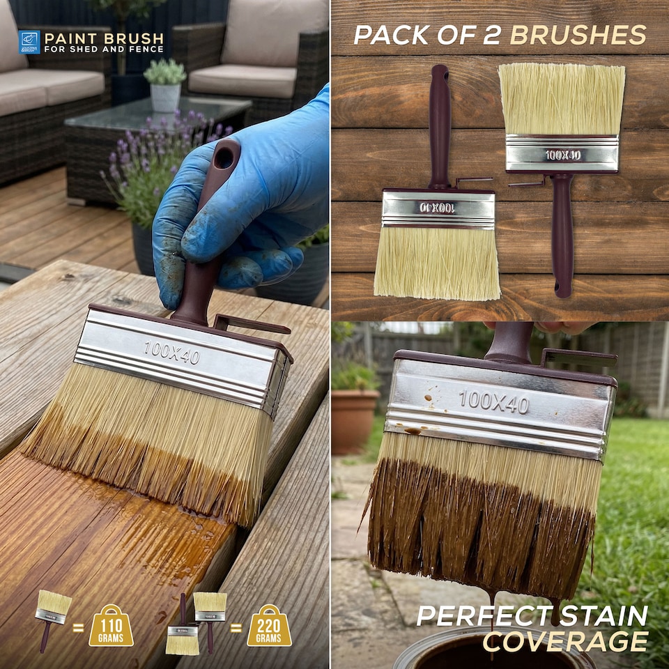 image 1 of Shed and Fence 4 Inch Paint Brushes Large Block Brush Set for Wood Treatment & Stain - Pack of 2