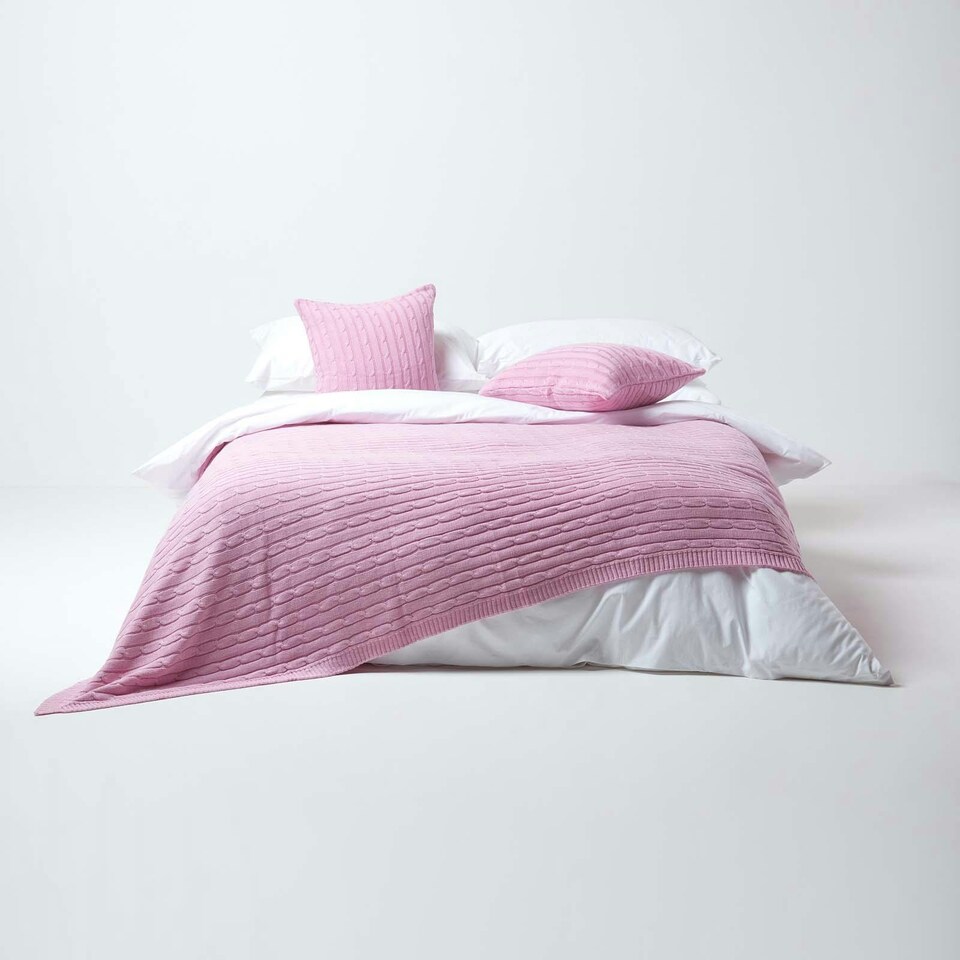 image 1 of Homescapes Cotton Cable Knit Pastel Pink Cushion Cover - 45 x 45 cm | Pink | Pink | 45 x 45 cm