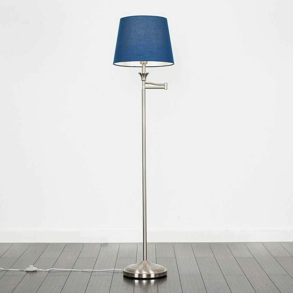 image 1 of ValueLights Sinatra Adjustable Swing Arm Floor Lamp In Brushed Chrome Finish with Blue Tapered Light Shade with LED GLS Bulb