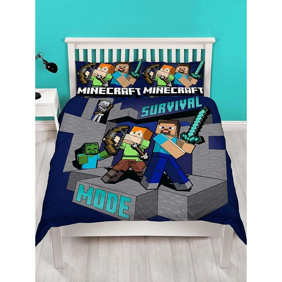 image 1 of Minecraft Survive Duvet Cover Set - Navy/Grey/Teal - Single Blue | Single