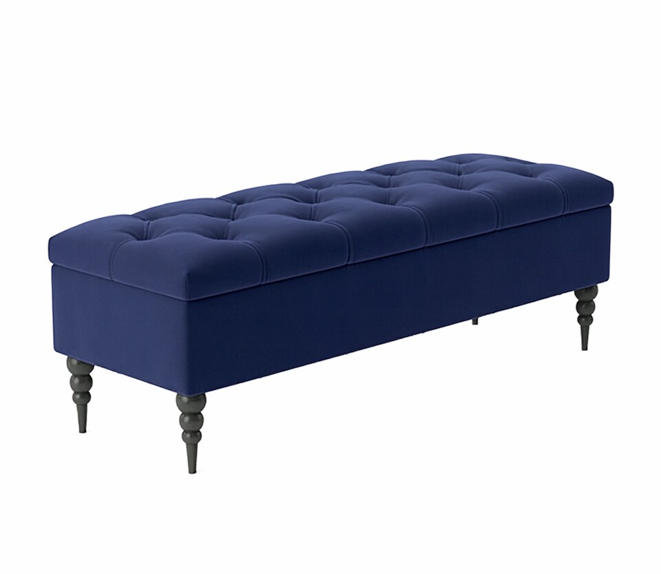image 1 of 137cm Safar Ottoman bench with Storage and Turned Wooden Legs- Plush Velvet Shoes Bench - Sapphire Blue Chesterfield Storage Bench