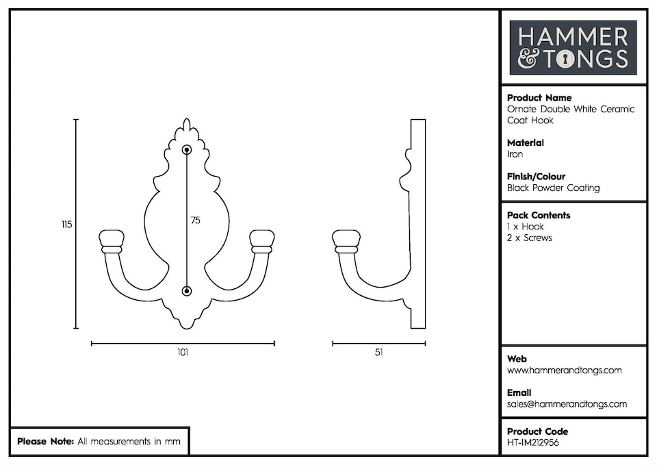 image 1 of Hammer & Tongs Ornate Double White Ceramic Coat Hook - W100mm x H115mm - Black | Black | Black | One Size