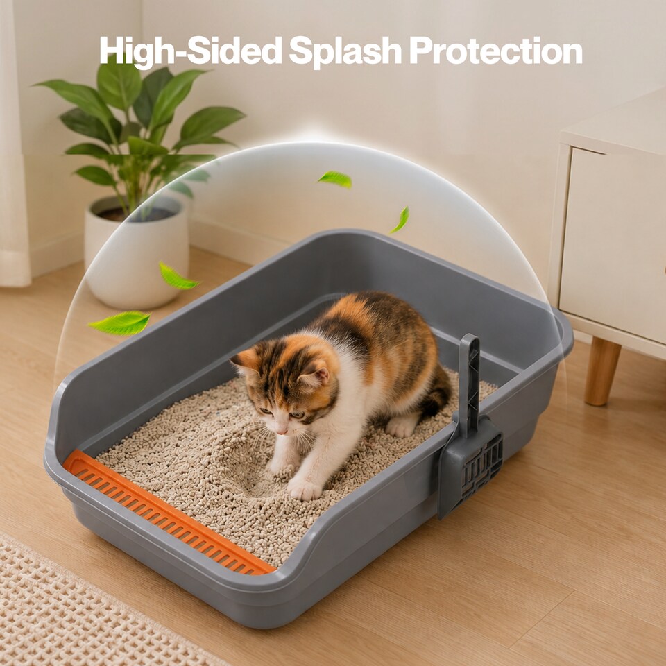 image 1 of Skylos Cat Litter Tray Spacious High Sided Low Entry Open Pan for Cats Grey