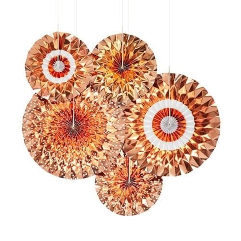 Foil Rose Gold & White Dots Pinwheel Fan Hanging Decorations - Pack of 5