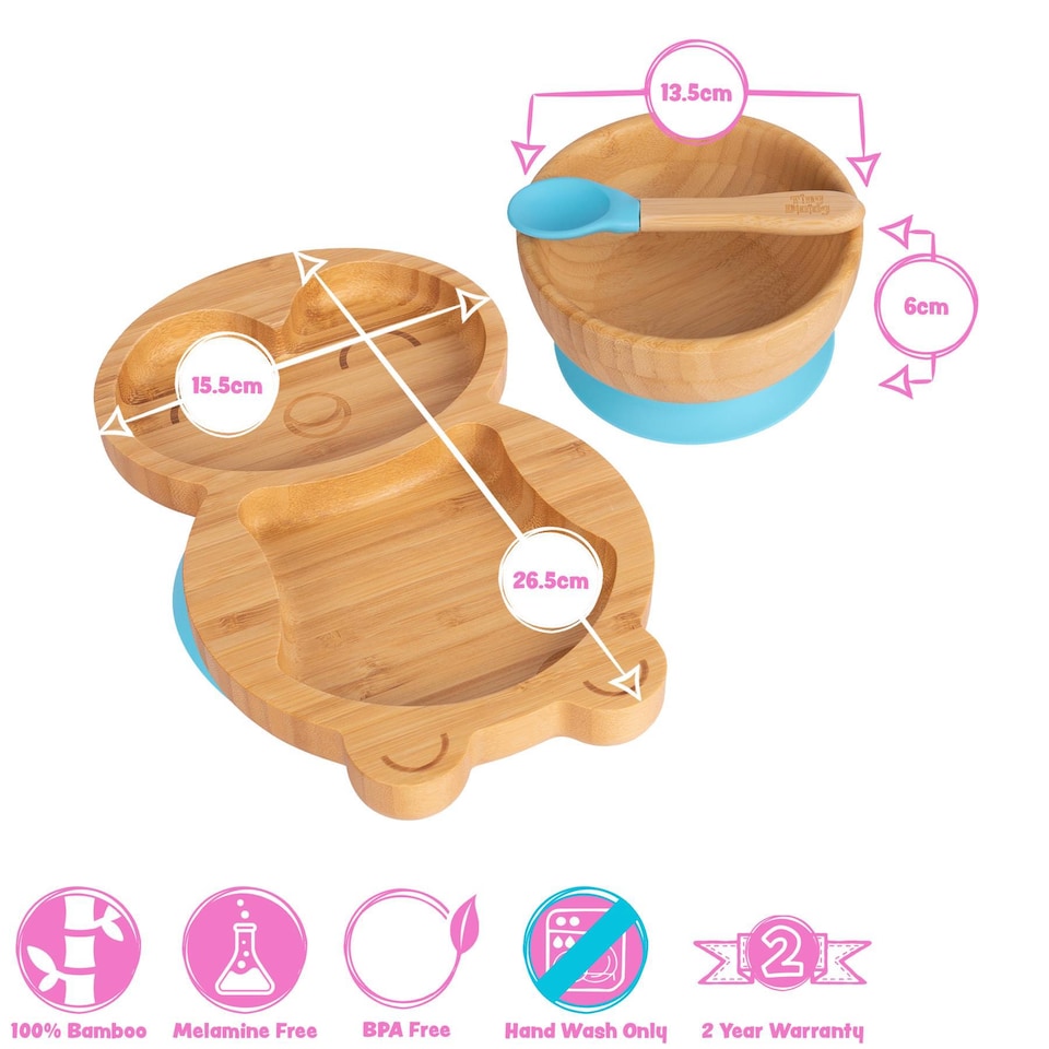 image 1 of Tiny Dining 3pc Bamboo Suction Feeding Set - Penguin/Red - Divided Non-Slip Bamboo Baby Self-Feeding Dining Weaning Set