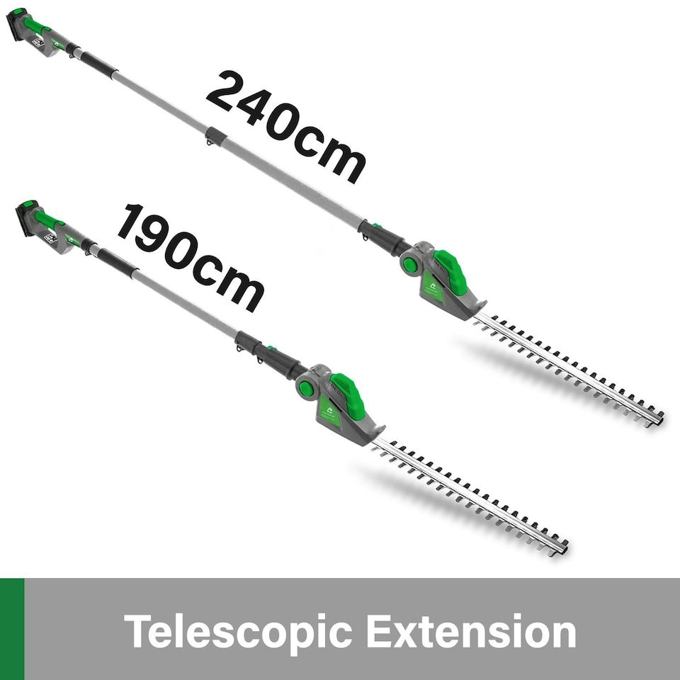 image 1 of Gracious Gardens 18V 2.4m Cordless Telescopic Long Reach Hedge Trimmer 1 Battery | Green | Green | 1