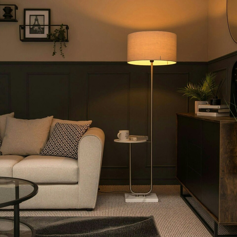 image 1 of ValueLights Tavel Brushed Chrome Metal Floor Lamp with Table Chrome
