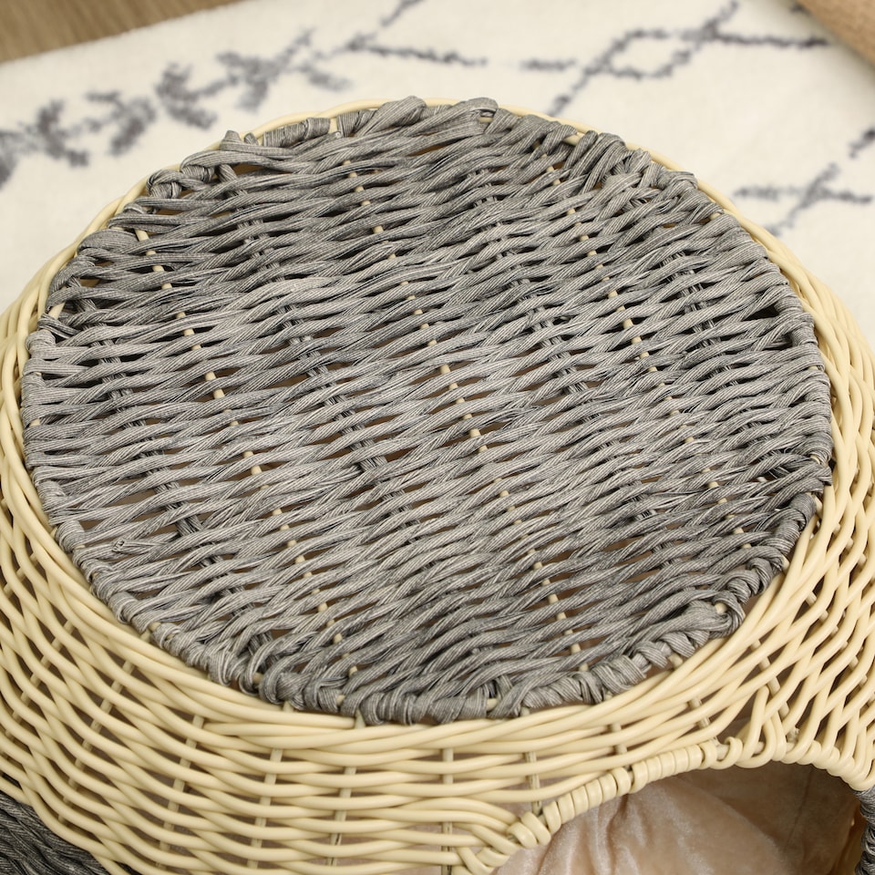 image 1 of PawHut Wicker Cat House, Rattan Raised Cat Bed with Soft Cushion, 40 x 30cm