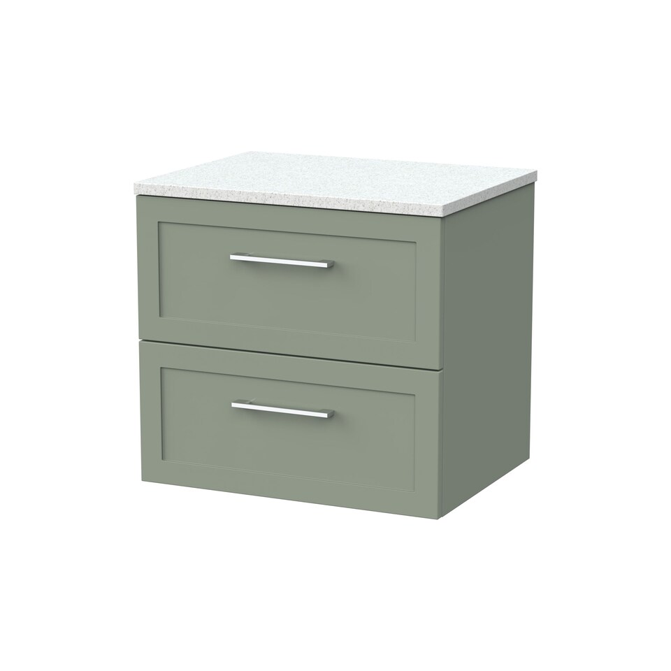 image 1 of Balterley Stonnall Traditional Wall Hung 2 Drawers Vanity Unit with White Nebula Laminate Worktop, 600mm, Reed Green