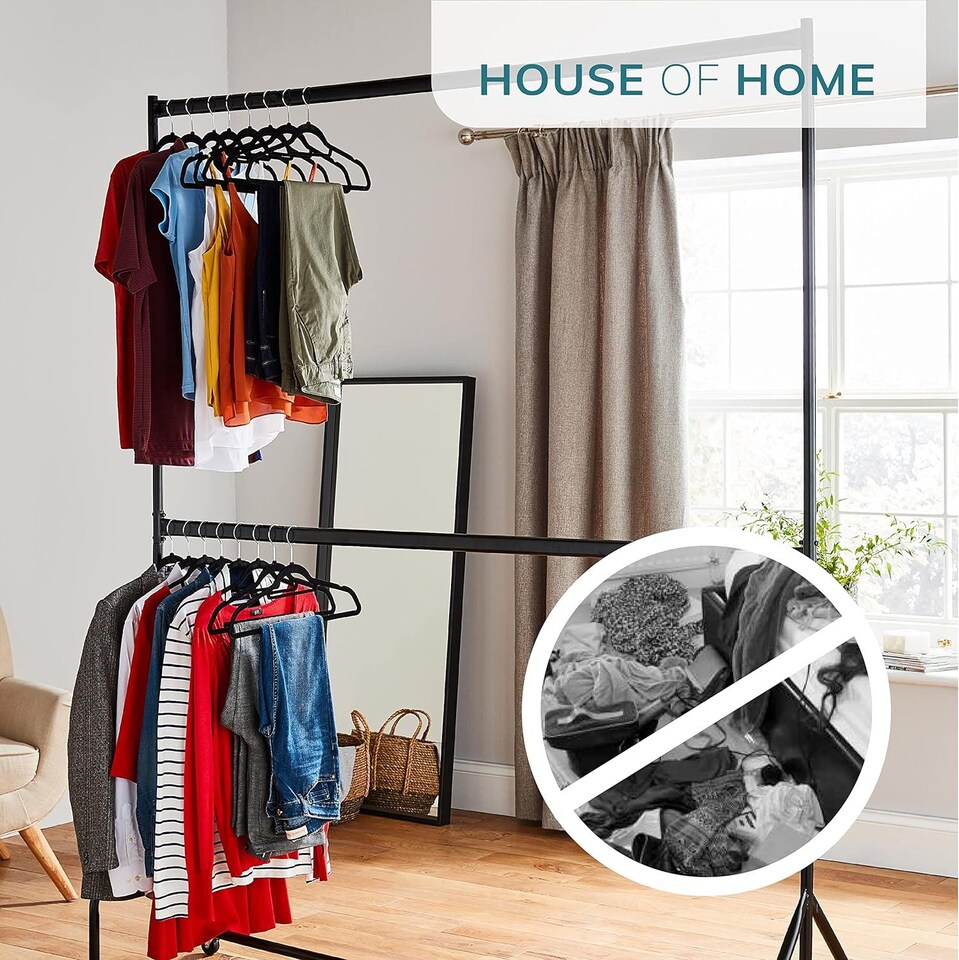 image 1 of House of Home Clothes Rail Two Tier Heavy Duty Garment Hanging Rack In Black 4ft long x 7ft | Black