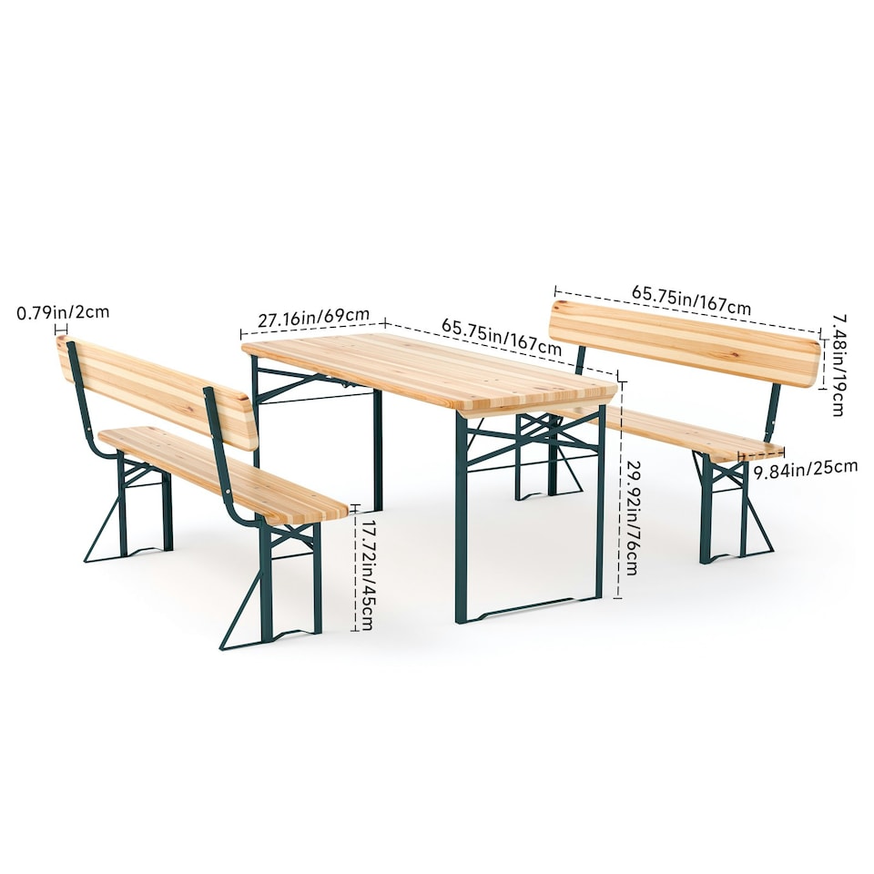 image 1 of Living and Home Foldable Wooden Height Adjustable Garden Dining Table Set - Green Frame & Natural Table Finish Brown