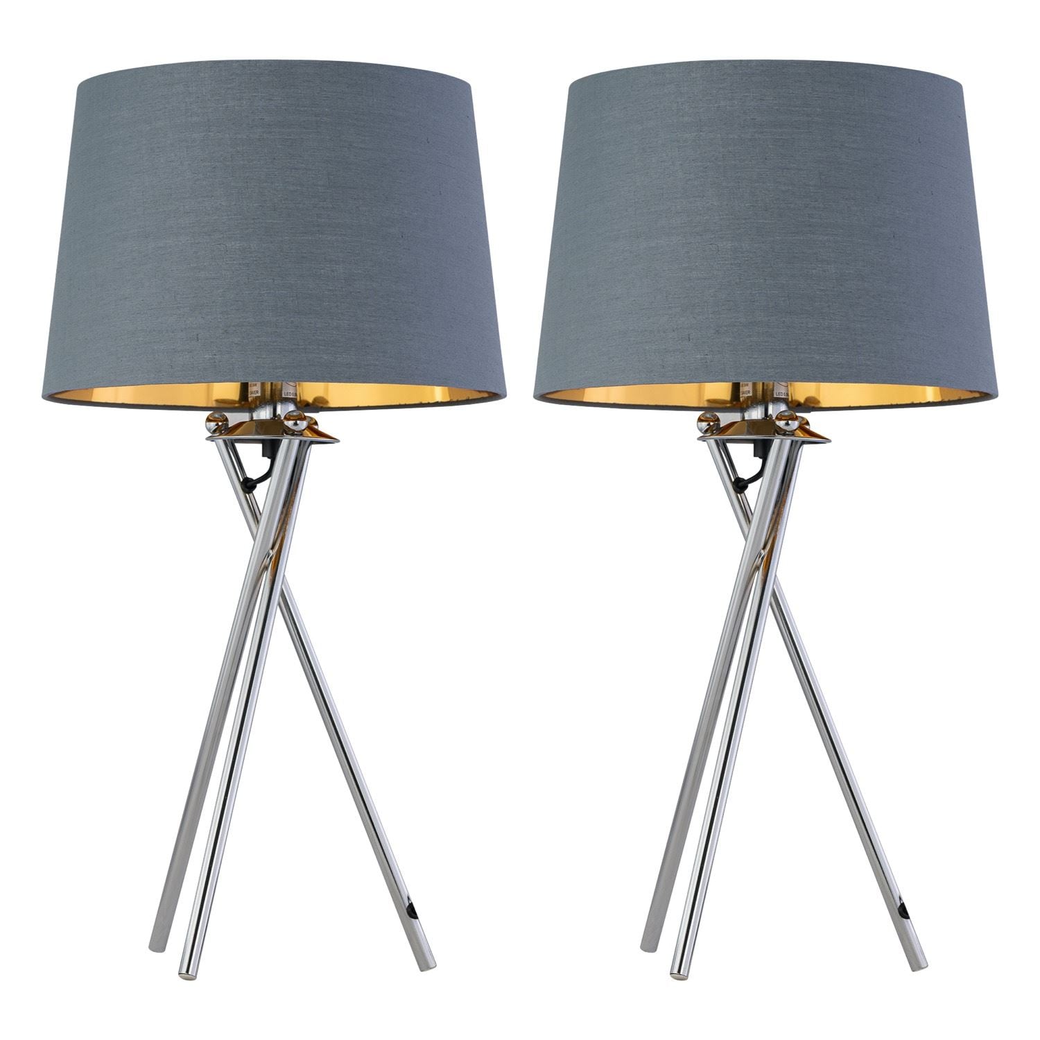 First Choice Lighting Set of 2 Tripod - Chrome Lamps with Grey & Gold Fabric Shade in Silver