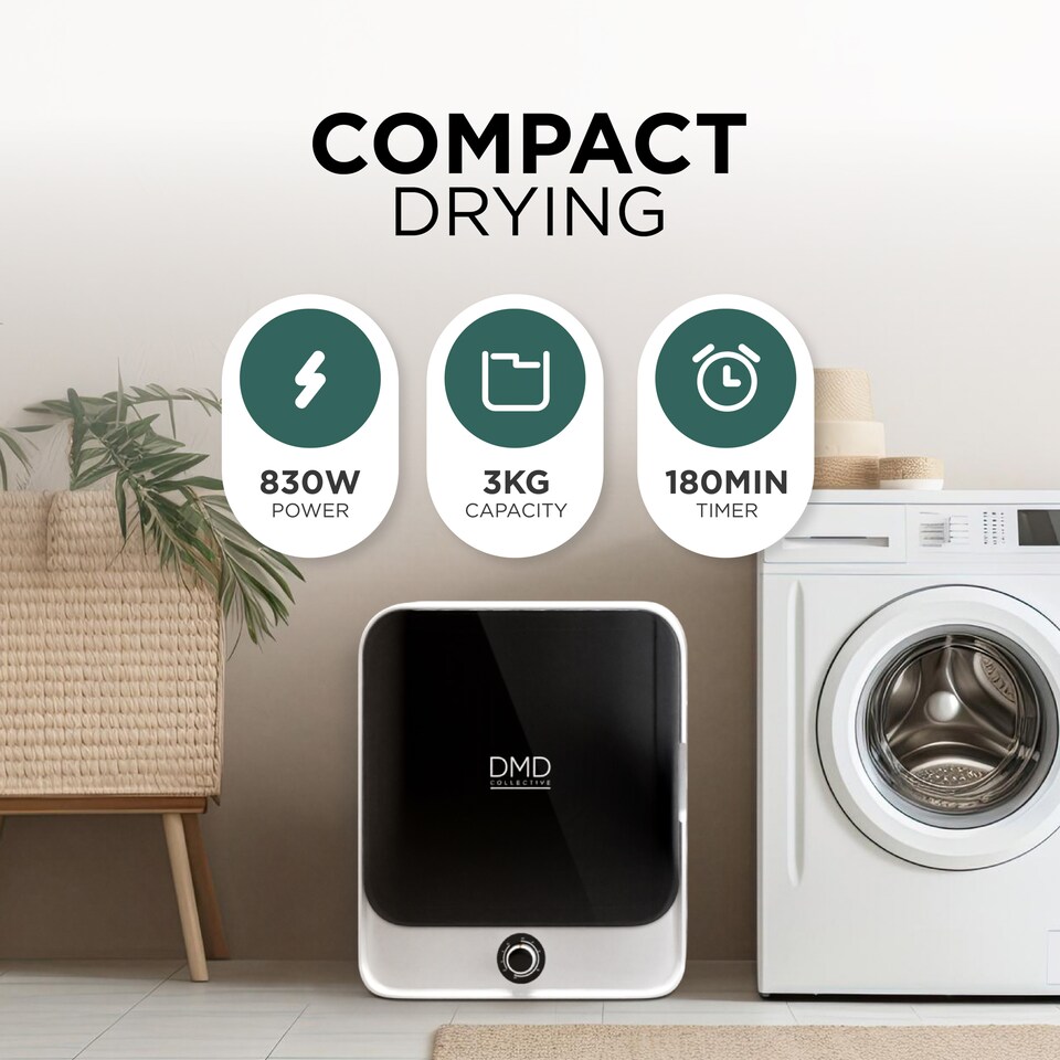 image 1 of DMD 3kg Mini Compact Vented Tumble Dryer, 3 Temperature Settings, Countertop or Wall Mounted, 180mins Timer, Stainless Steel Tub