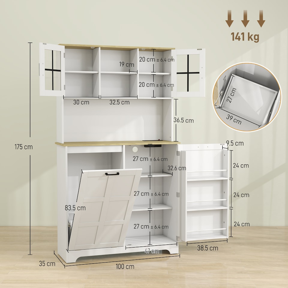 image 1 of HOMCOM 175cm Tall Kitchen Cabinet with Charging Station, Rubbish Bin, White