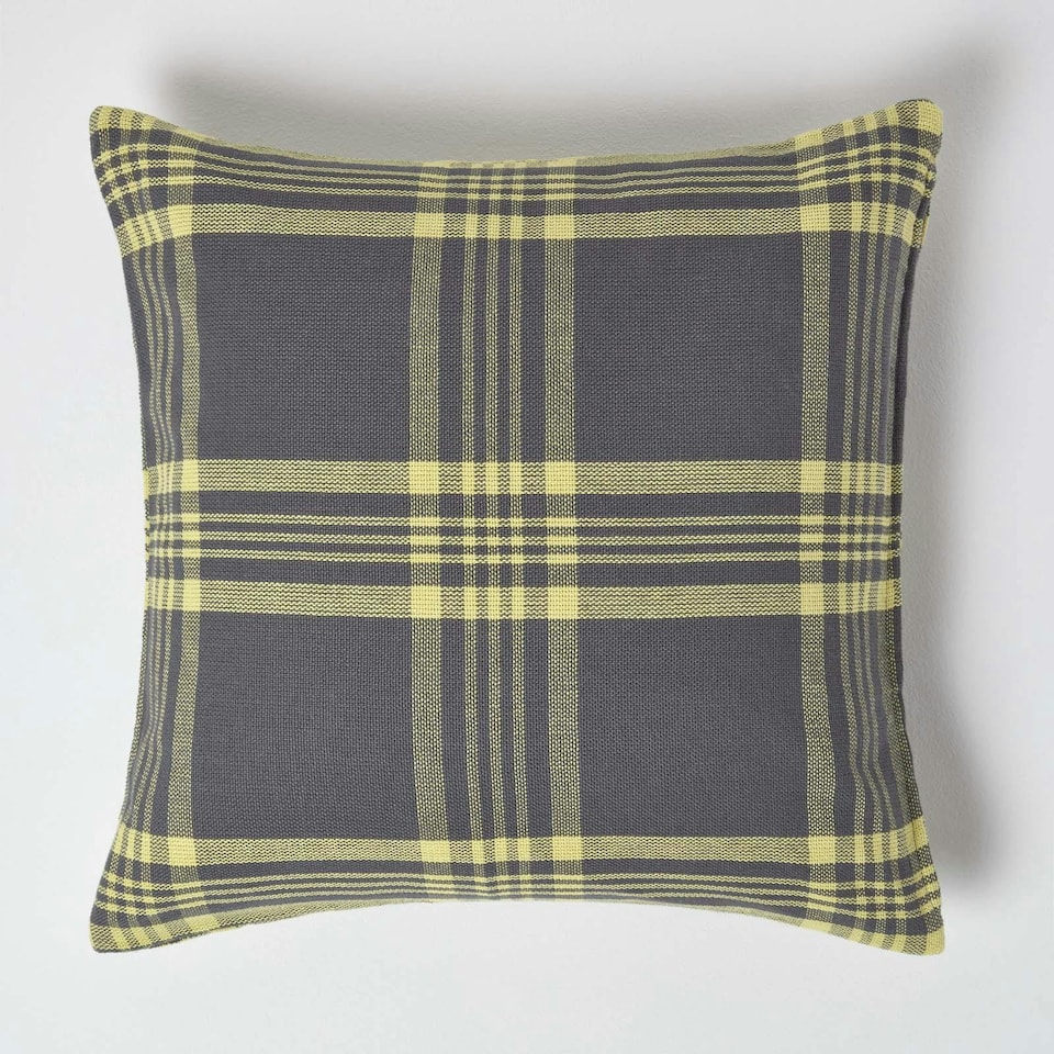 image 1 of Homescapes Grey & Yellow Tartan Pattern Cushion Cover - 60 x 60 cm | Grey | Grey & Yellow | 60 x 60 cm