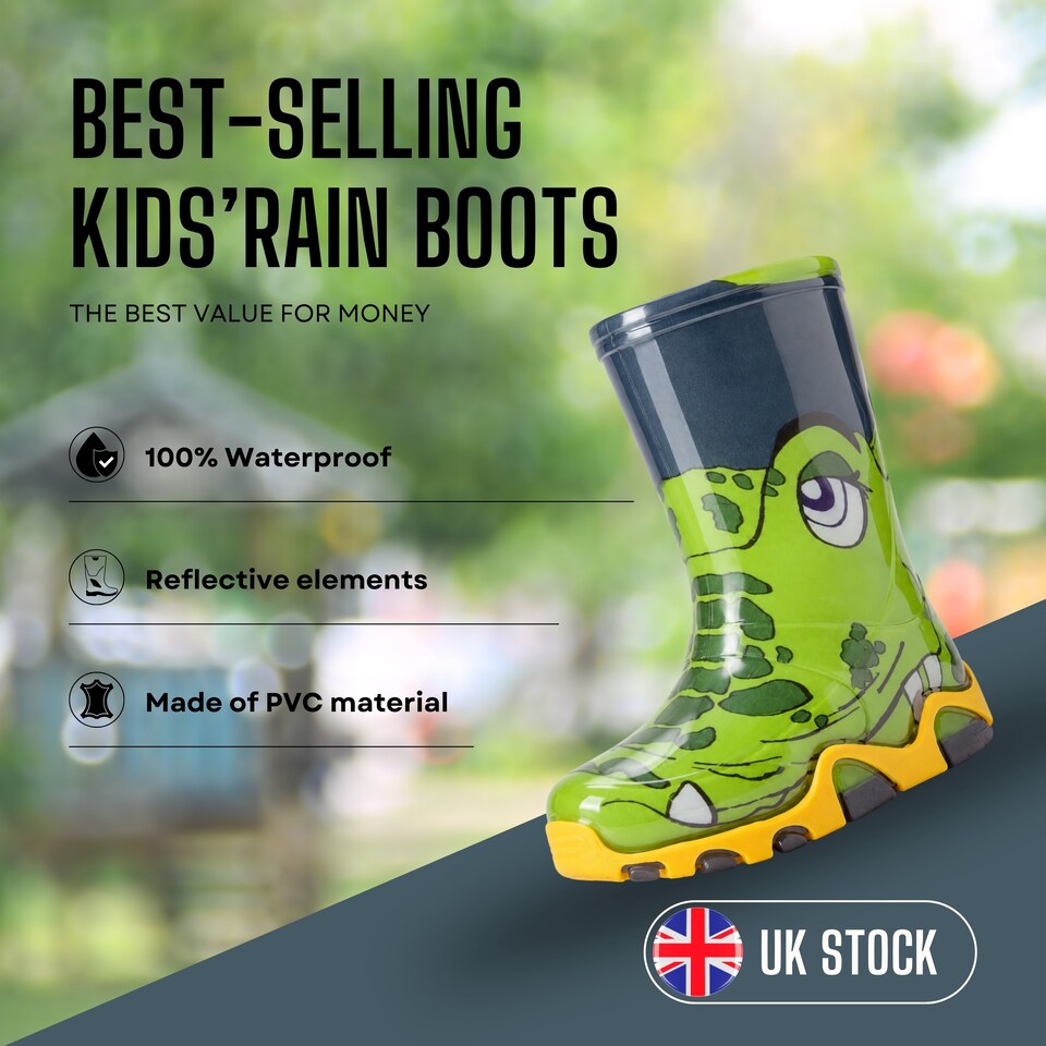 image 1 of Demar Stormer Reflective Kids' Wellies, Green Crocodile, EU 20/21