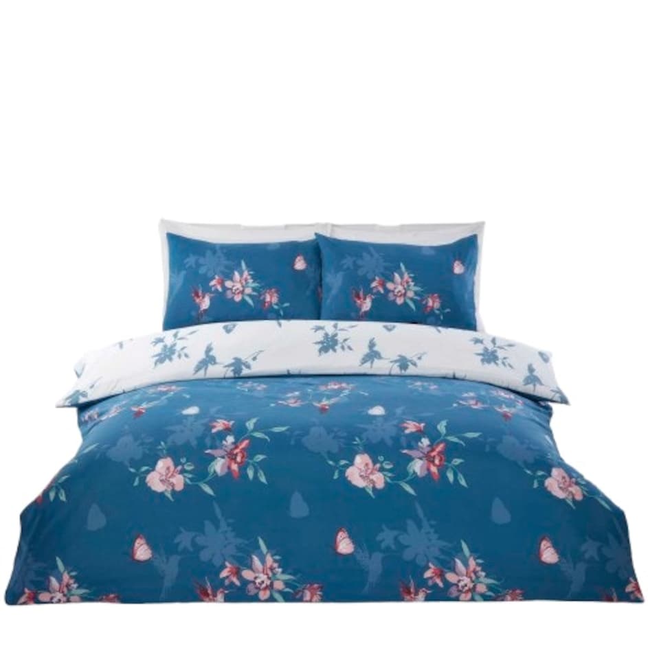 image 1 of Hummingbird Microfibre Reversible Duvet Cover Set with Pillowcase Blue | Double