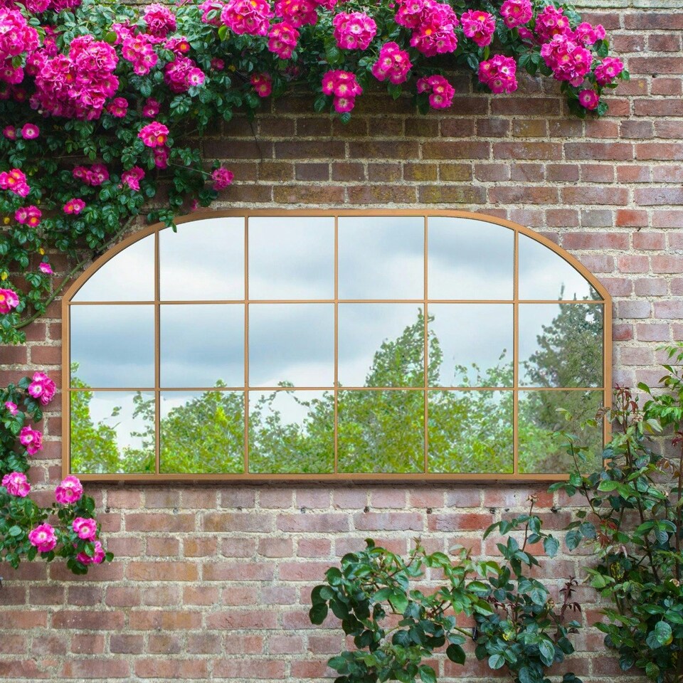 image 1 of The Arcus - Gold Metal Framed Window Arched Garden Wall or Fence Mirror 69" X 33" (174CM X 85CM) Gold