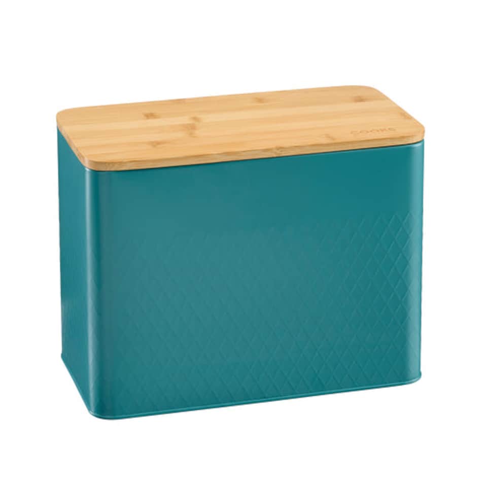 image 1 of Cooks Professional Diamond Pattern Bread Bin with Linen Bag & Bamboo Cutting Board Lid | Green | Teal | 1